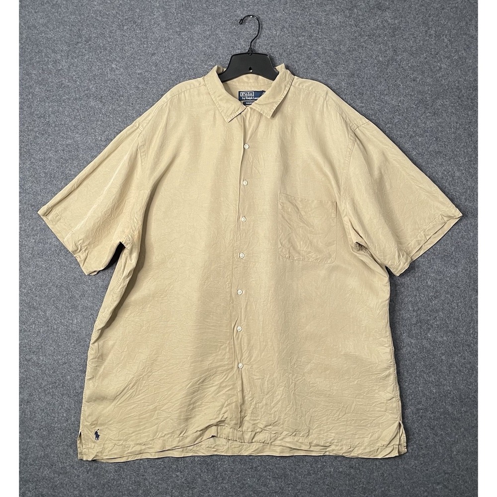 Polo Ralph Lauren Linen Silk Shirt Mens 2LT Brown Caldwell Camp Collar Vintage